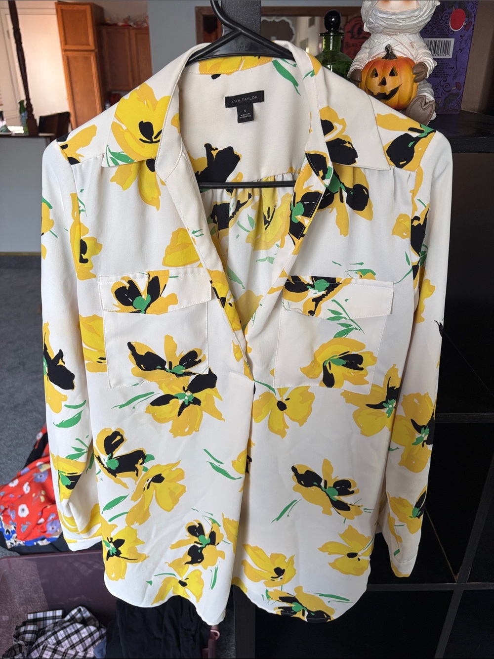 Ann Taylor White Button-Front Blouse with Yellow Floral Print